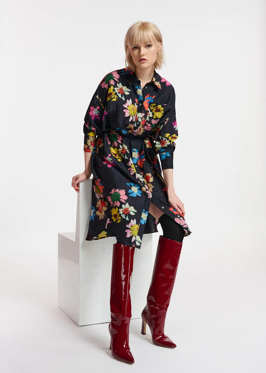 Black silk knee-length shirt dress with floral print