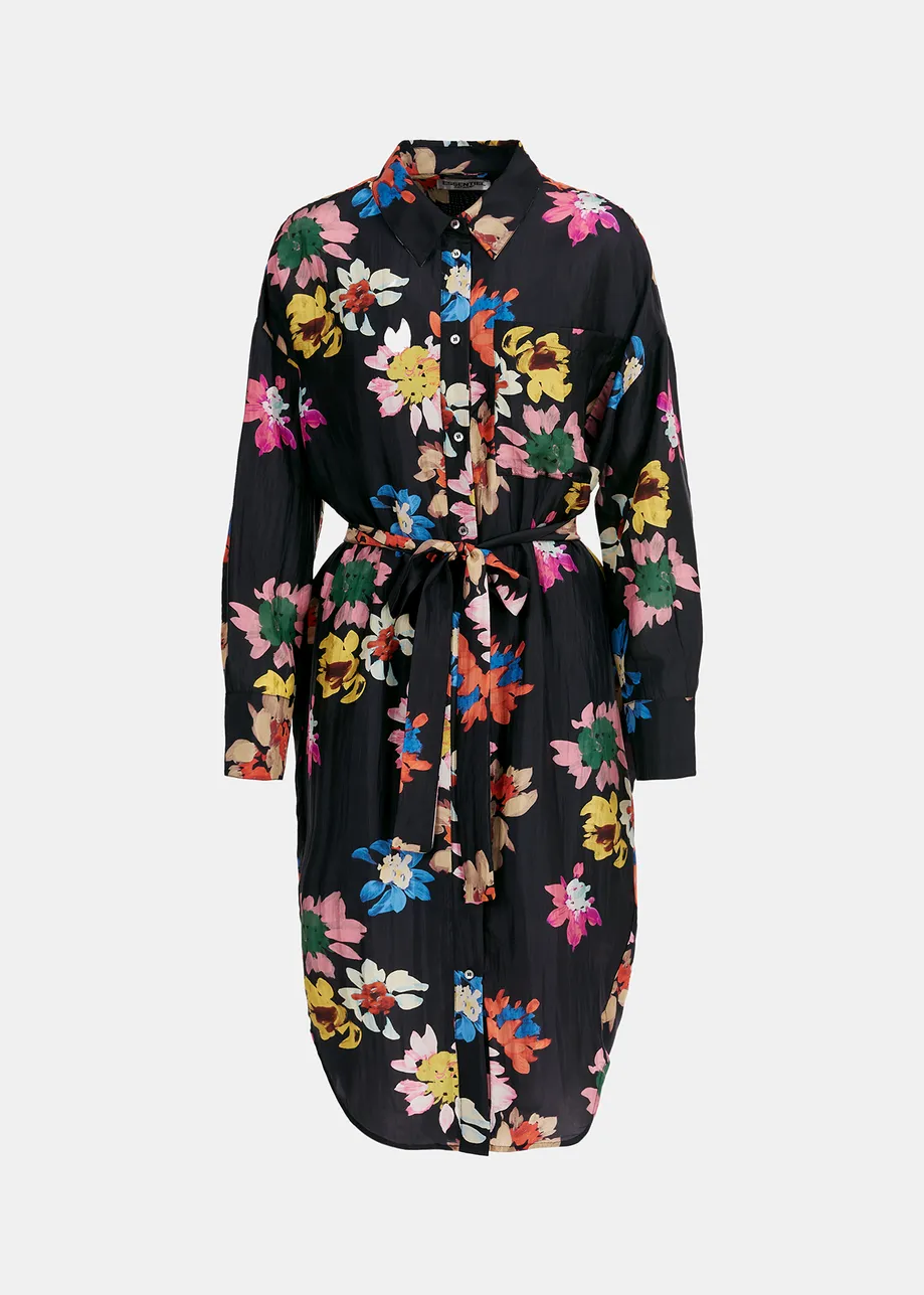 Black silk knee-length shirt dress with floral print
