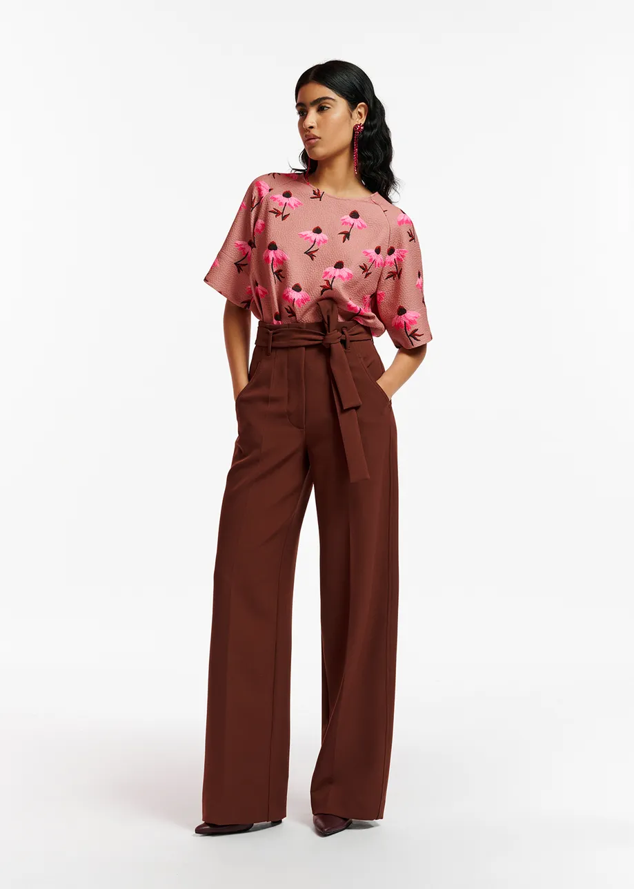Brown belted straight-leg pants