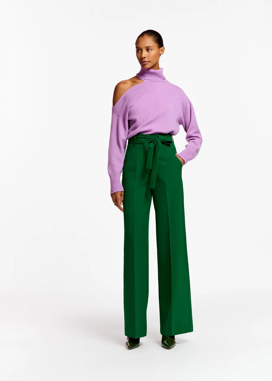 Dark green belted straight-leg pants