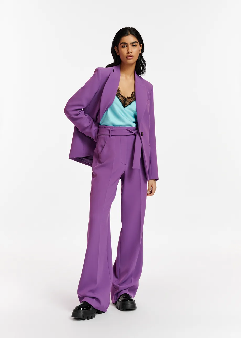 Purple straight-leg belted pants