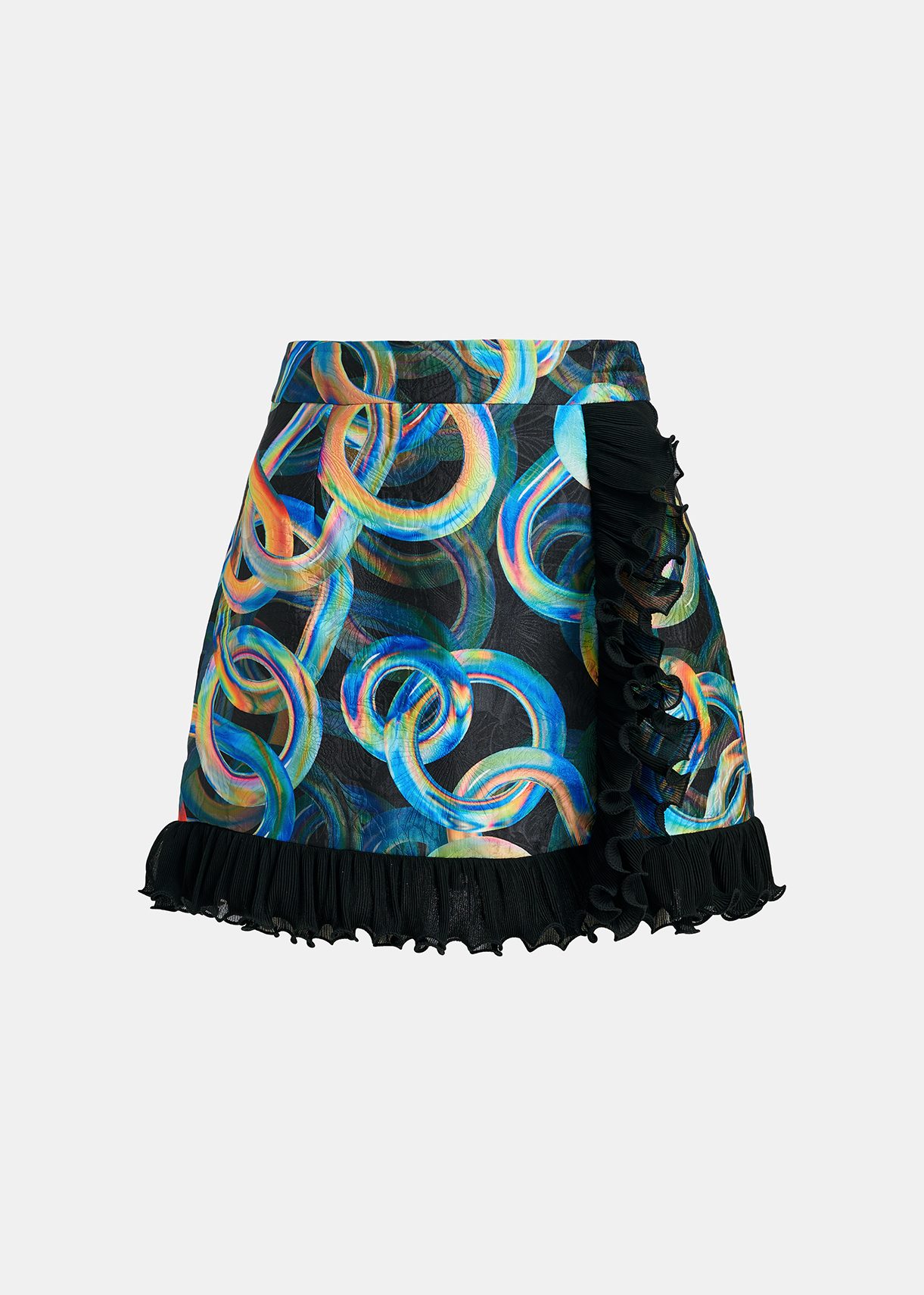 Black, blue and orange chain-printed mini skirt with ruffle