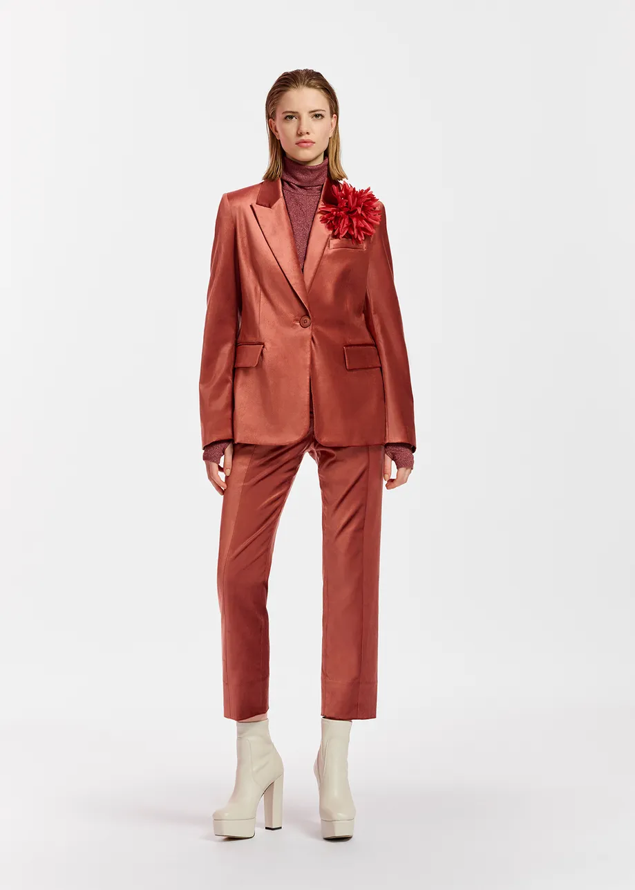 Dark peach tapered-leg velvet pants