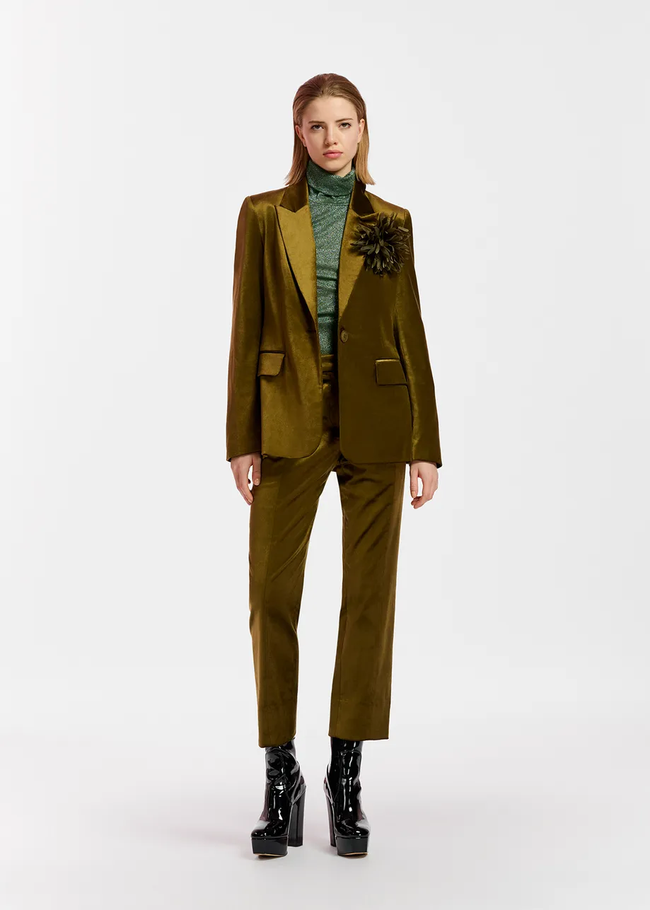 Khaki tapered-leg velvet pants