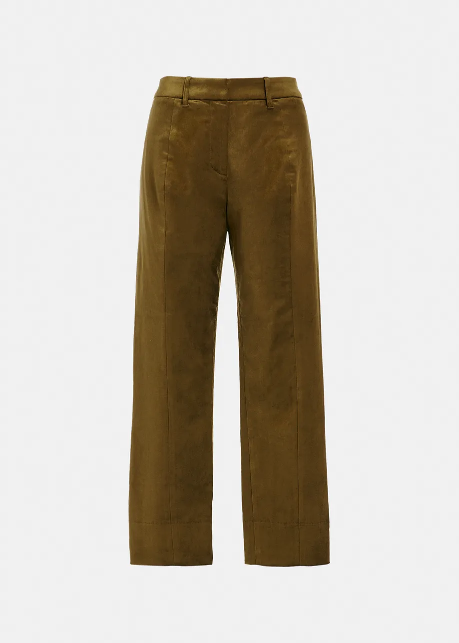 Khaki tapered-leg velvet pants