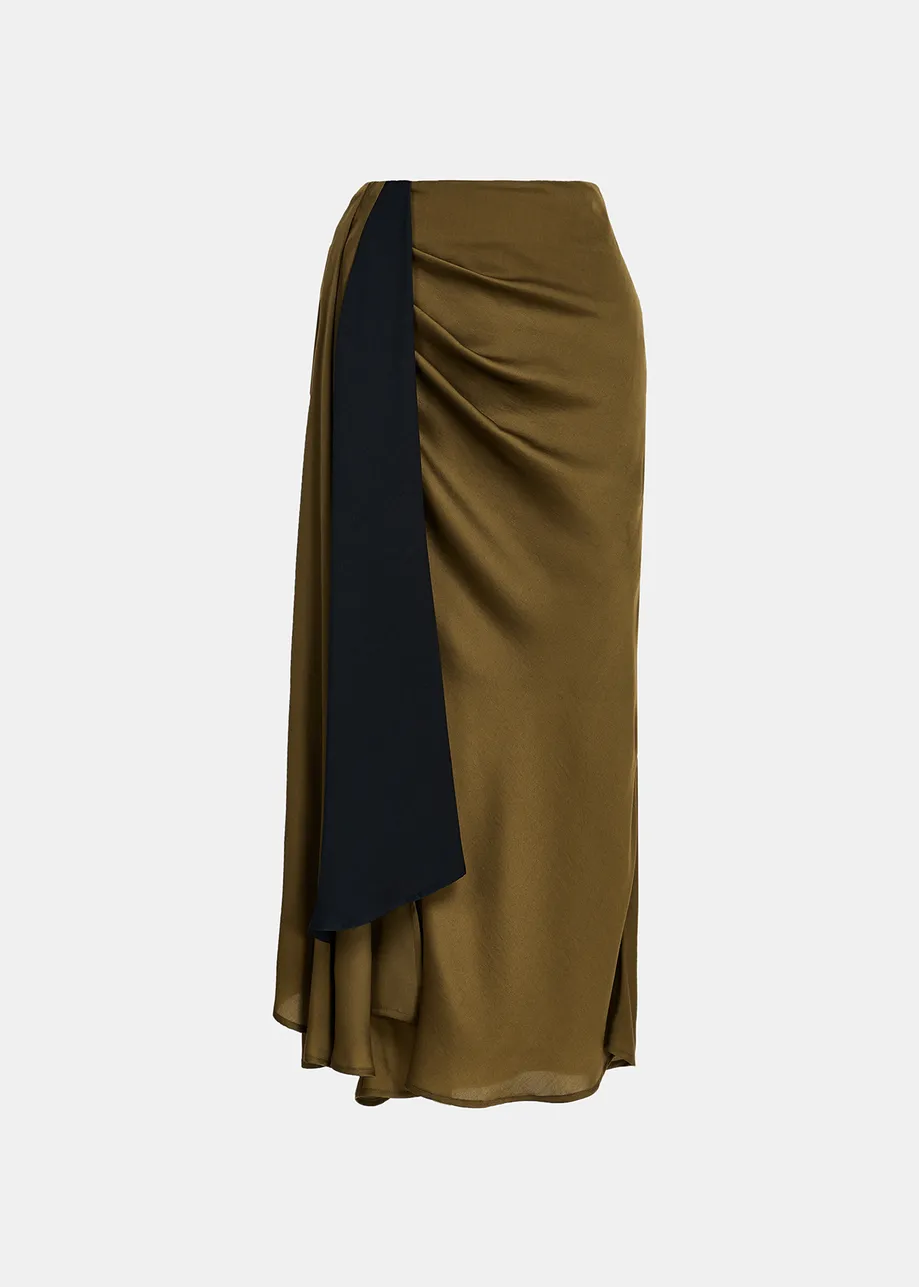 Khaki and black draped midi skirt