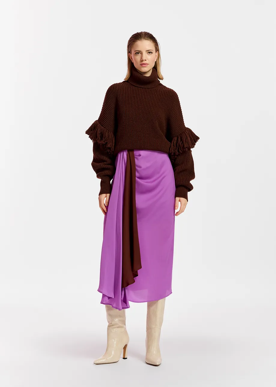 Purple and brown draped midi skirt