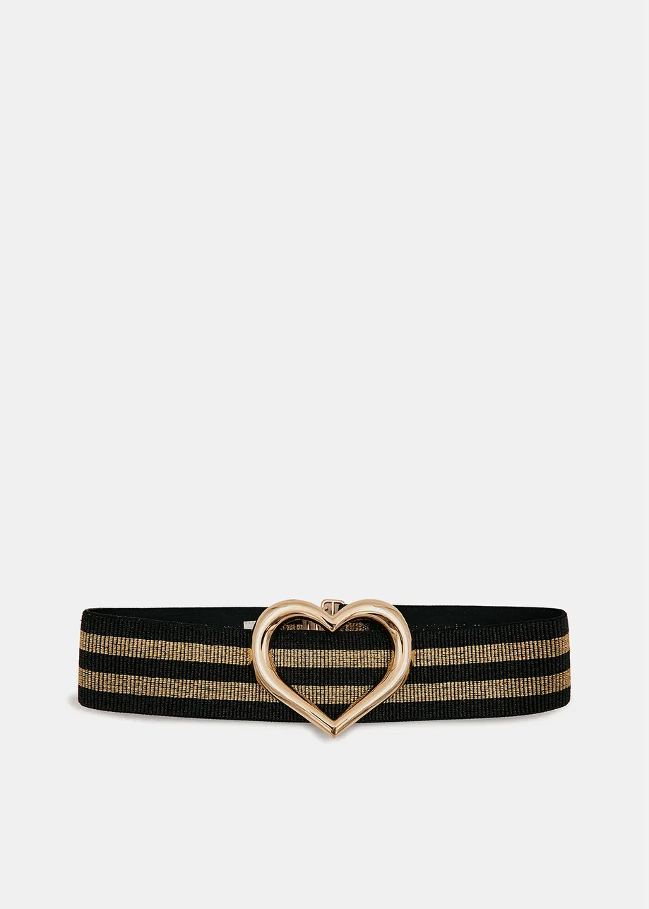Black and gold striped belt with heart-shaped embellishment