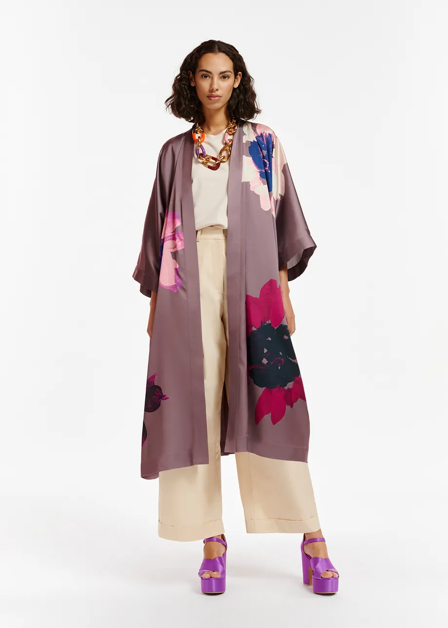 Mauve kimono met kleurrijke bloemenprint