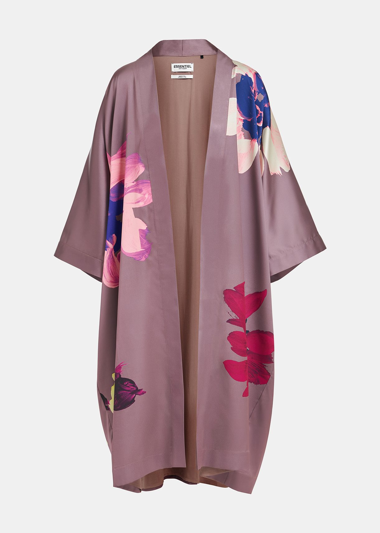 Malvenfarbener Kimono mit buntem Blumenprint