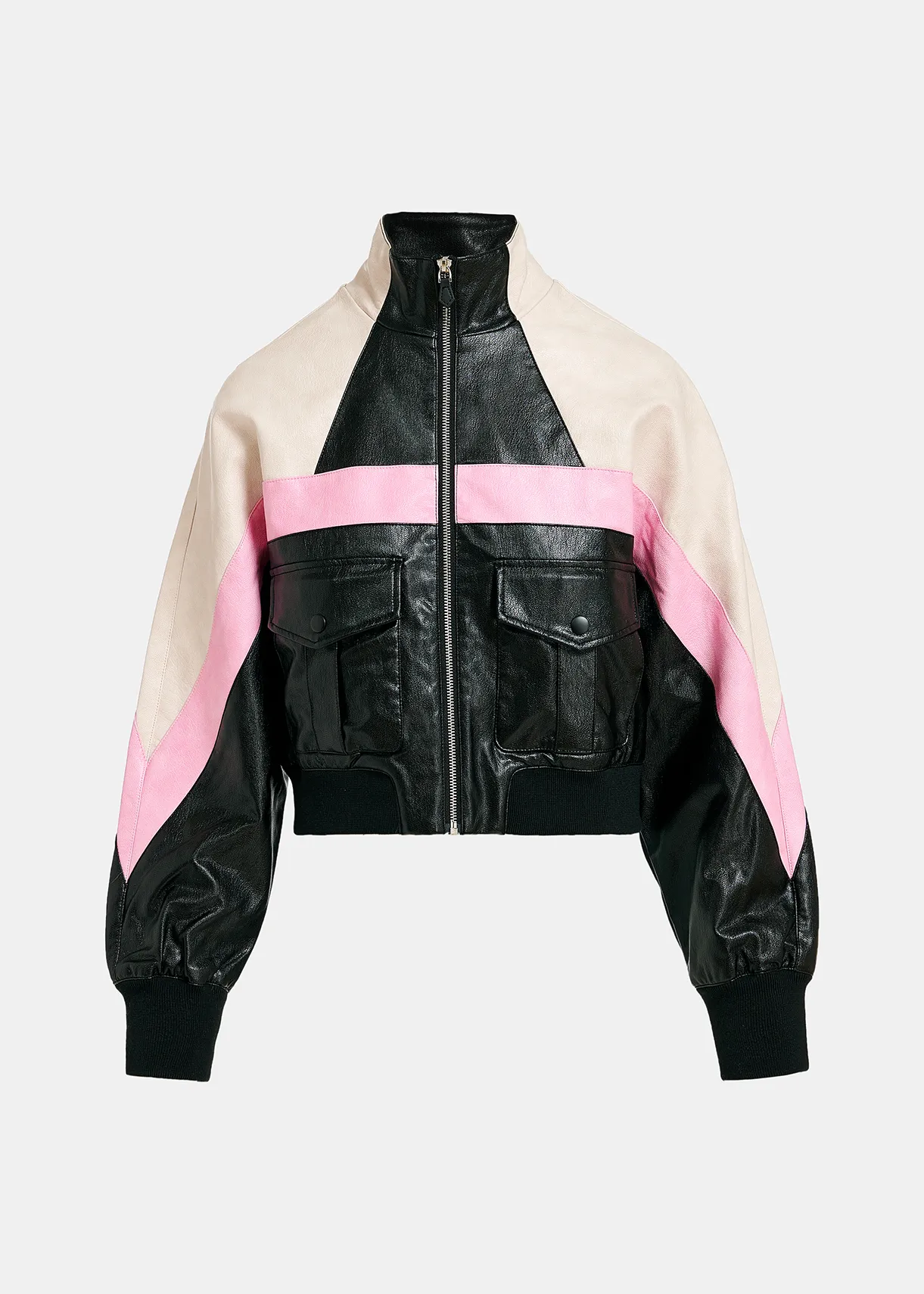 Black, ecru and pink patchwork faux leather jacket | Essentiel Antwerp  Germany