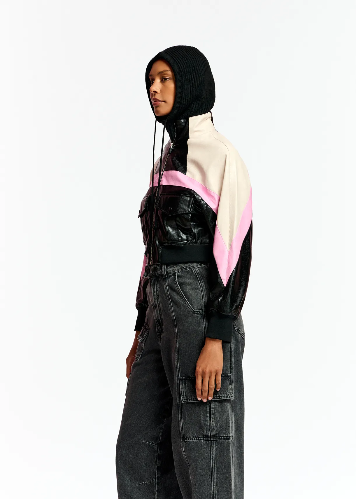 Black, ecru and pink patchwork faux leather jacket | Essentiel Antwerp  Germany