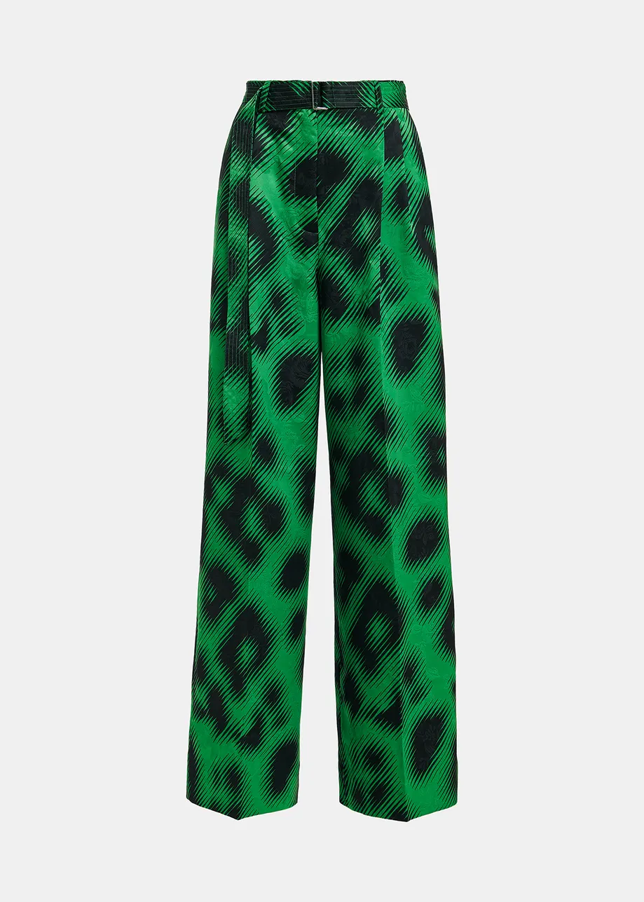 Green jacquard belted pants with leopard print