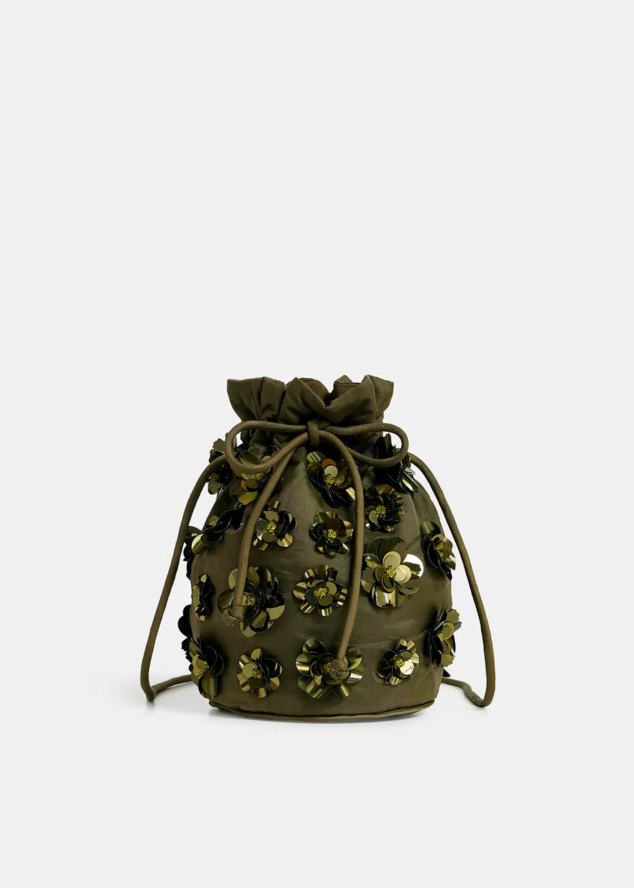 Khaki embellished mini bucket bag