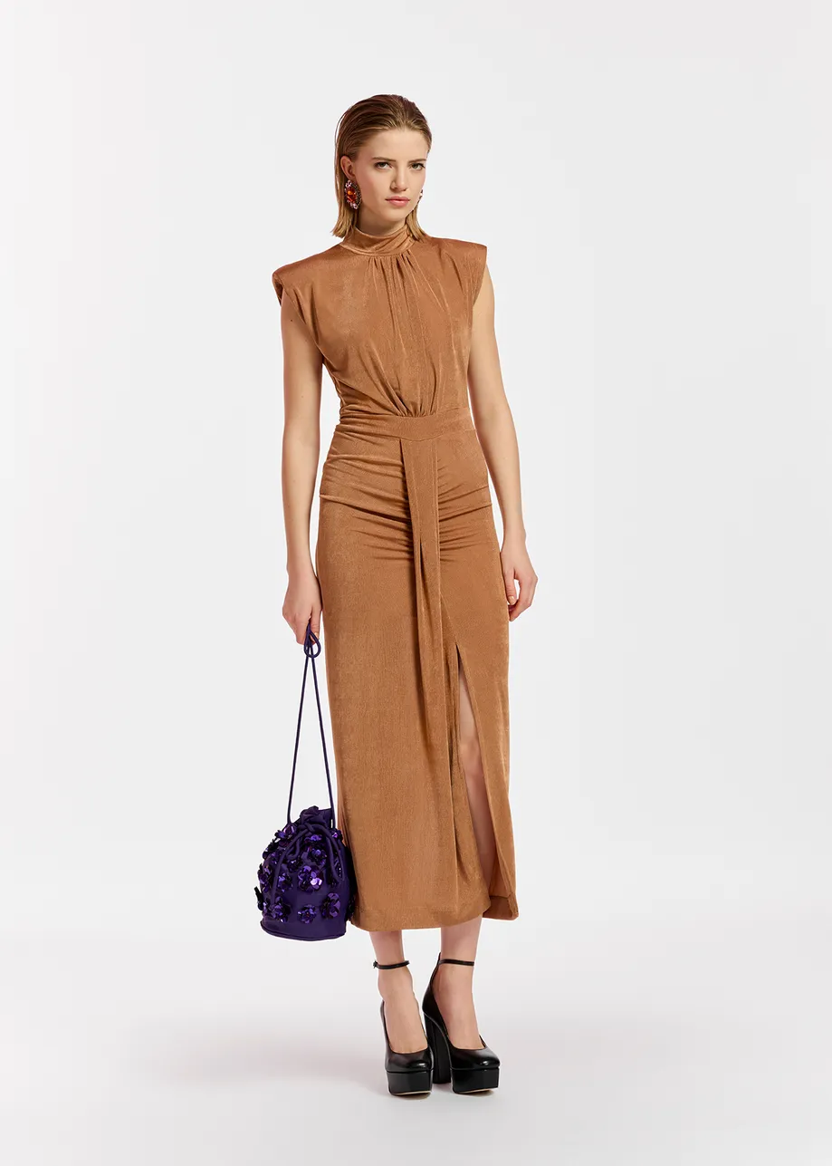 Camel stretch-jersey midi-length dress