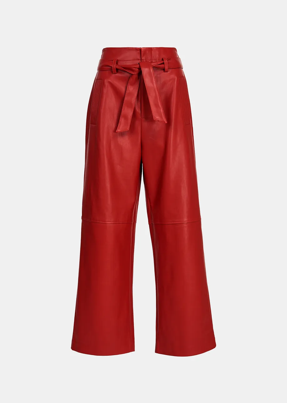 Red faux leather belted pants