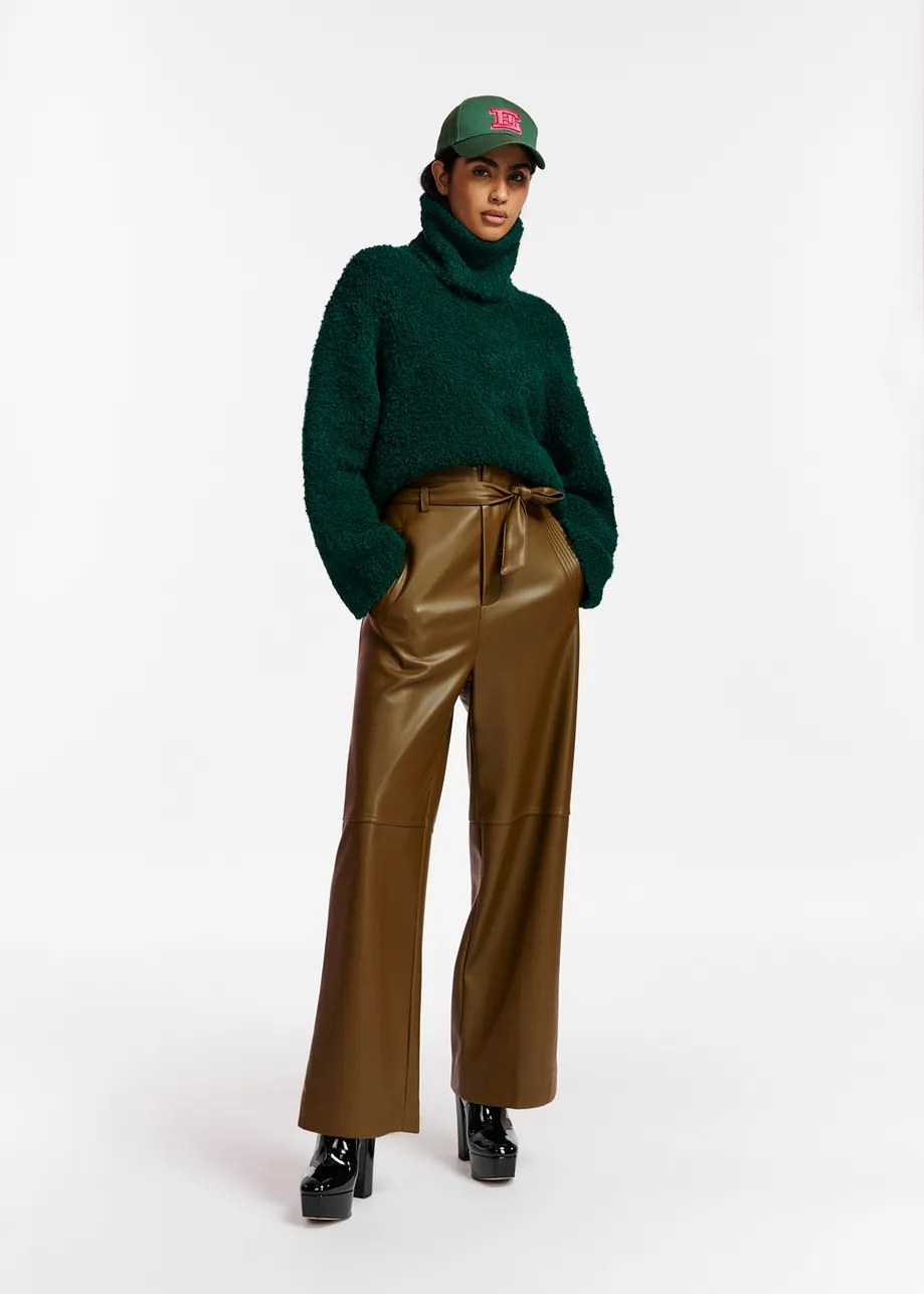 Khaki faux leather belted pants