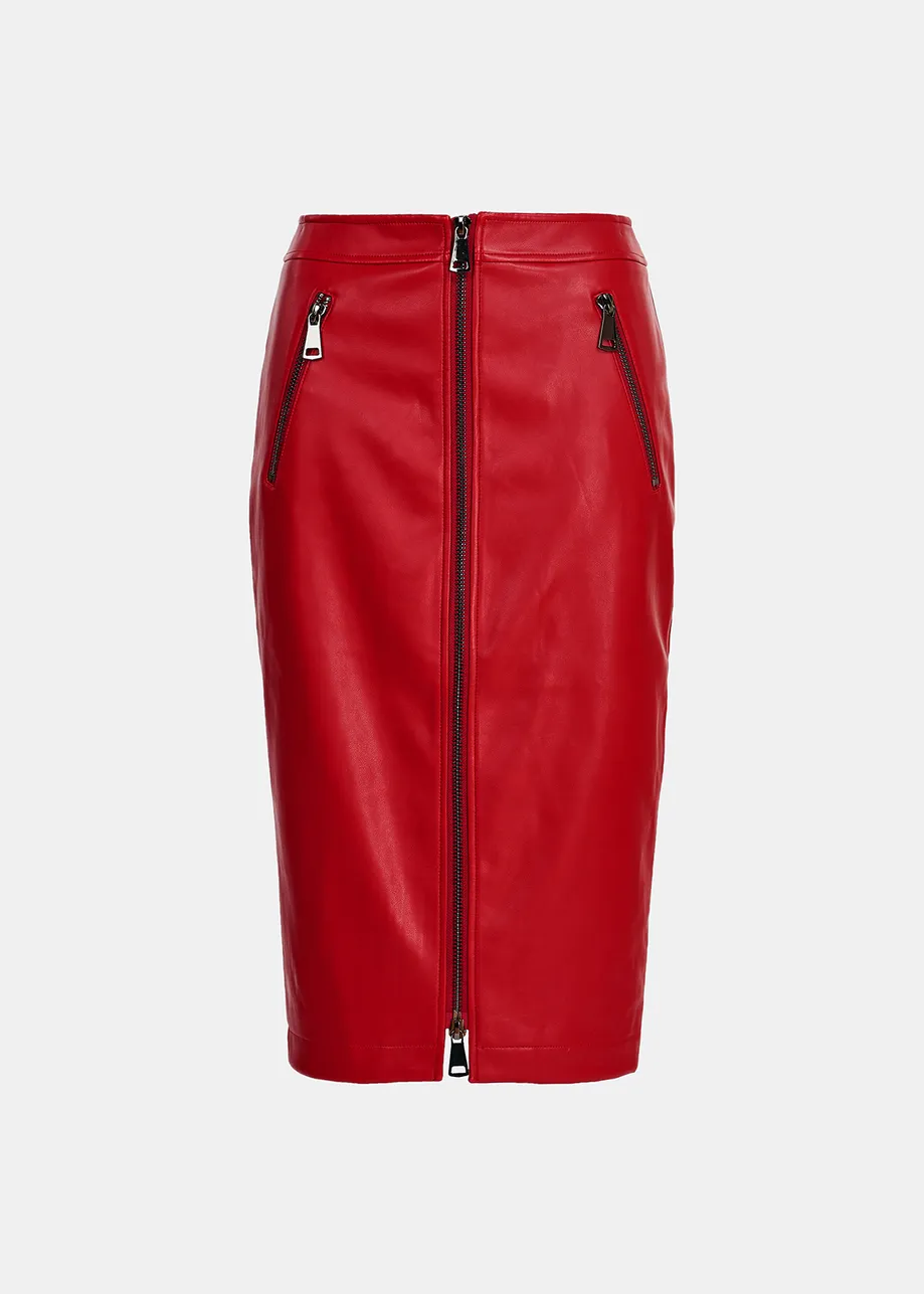 Red faux leather pencil skirt