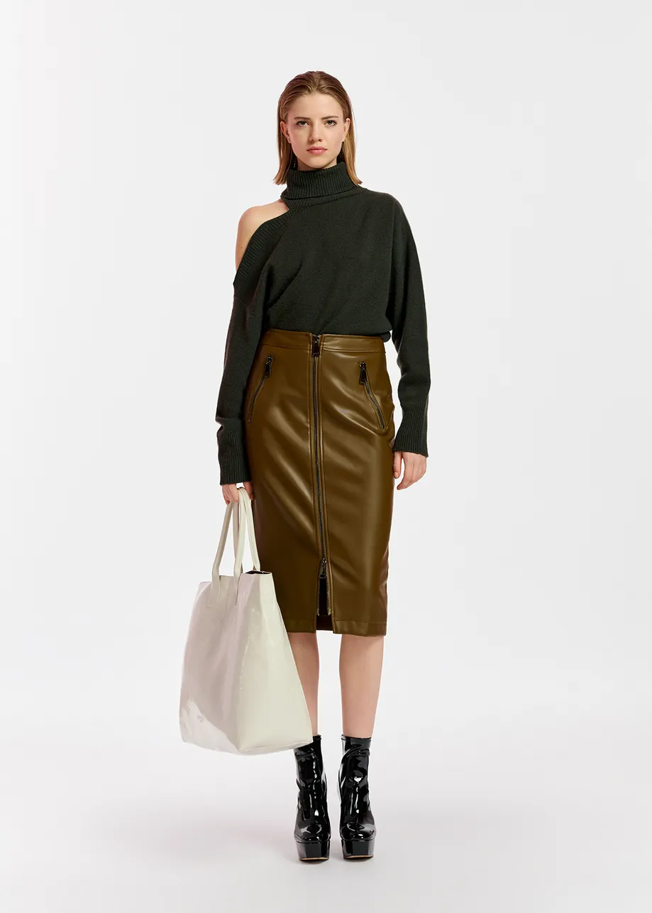 Khaki faux leather pencil skirt