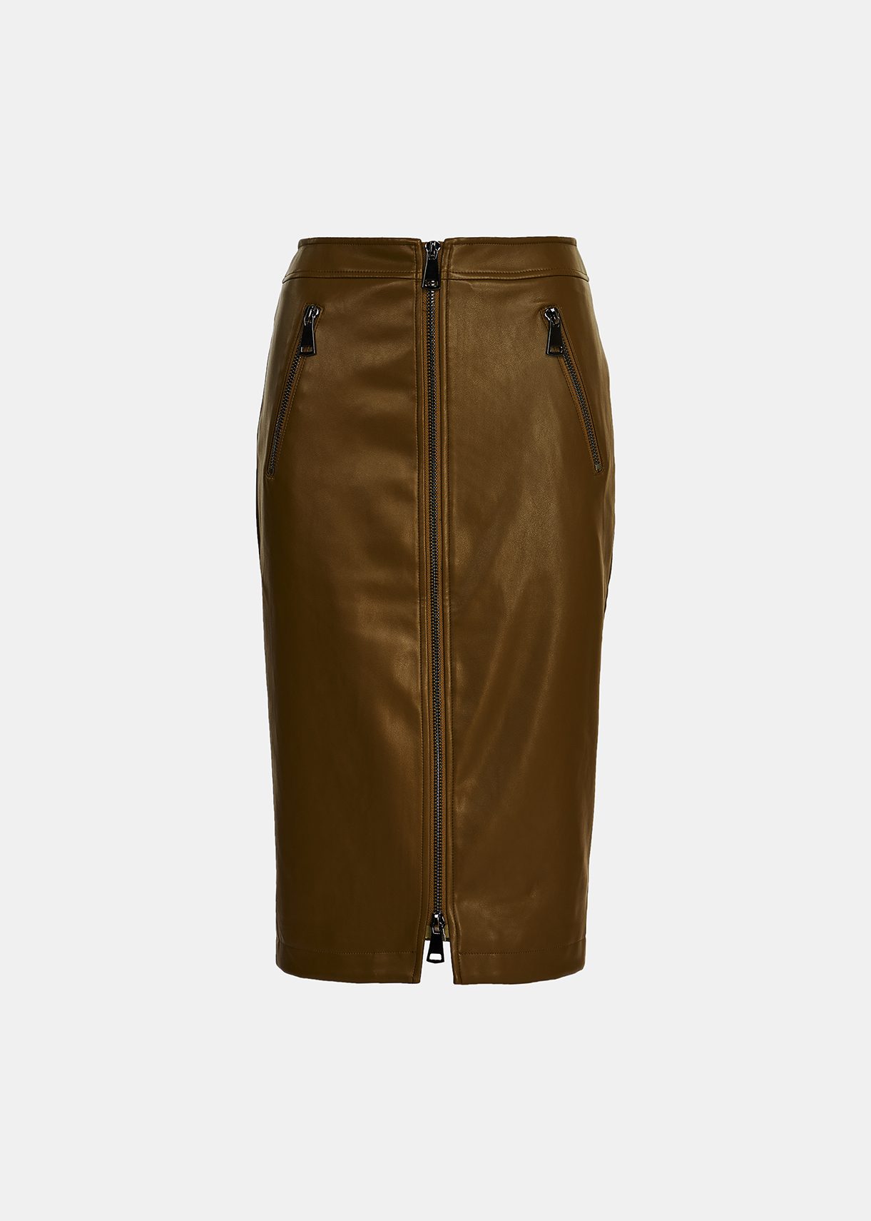 Khaki faux leather pencil skirt