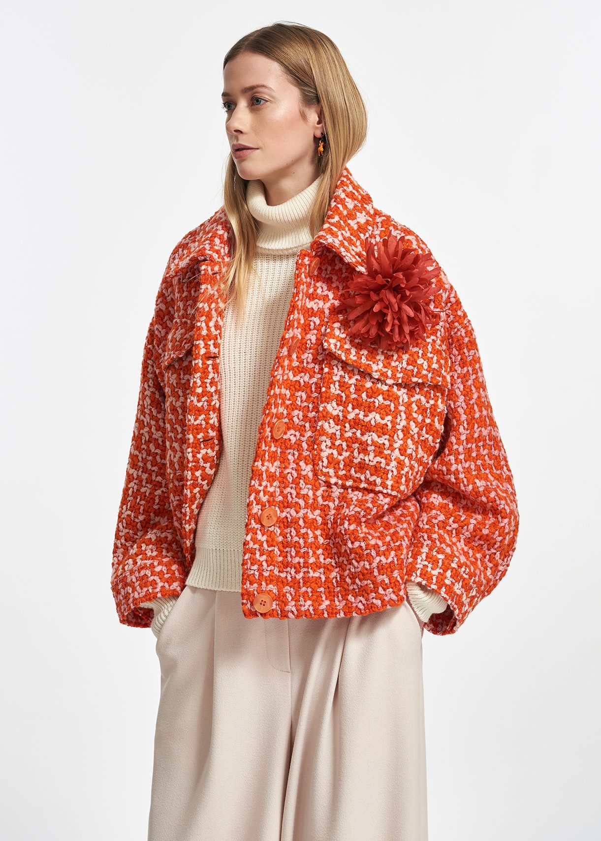 Orange and peach wool-blend tweed jacket | Essentiel Antwerp