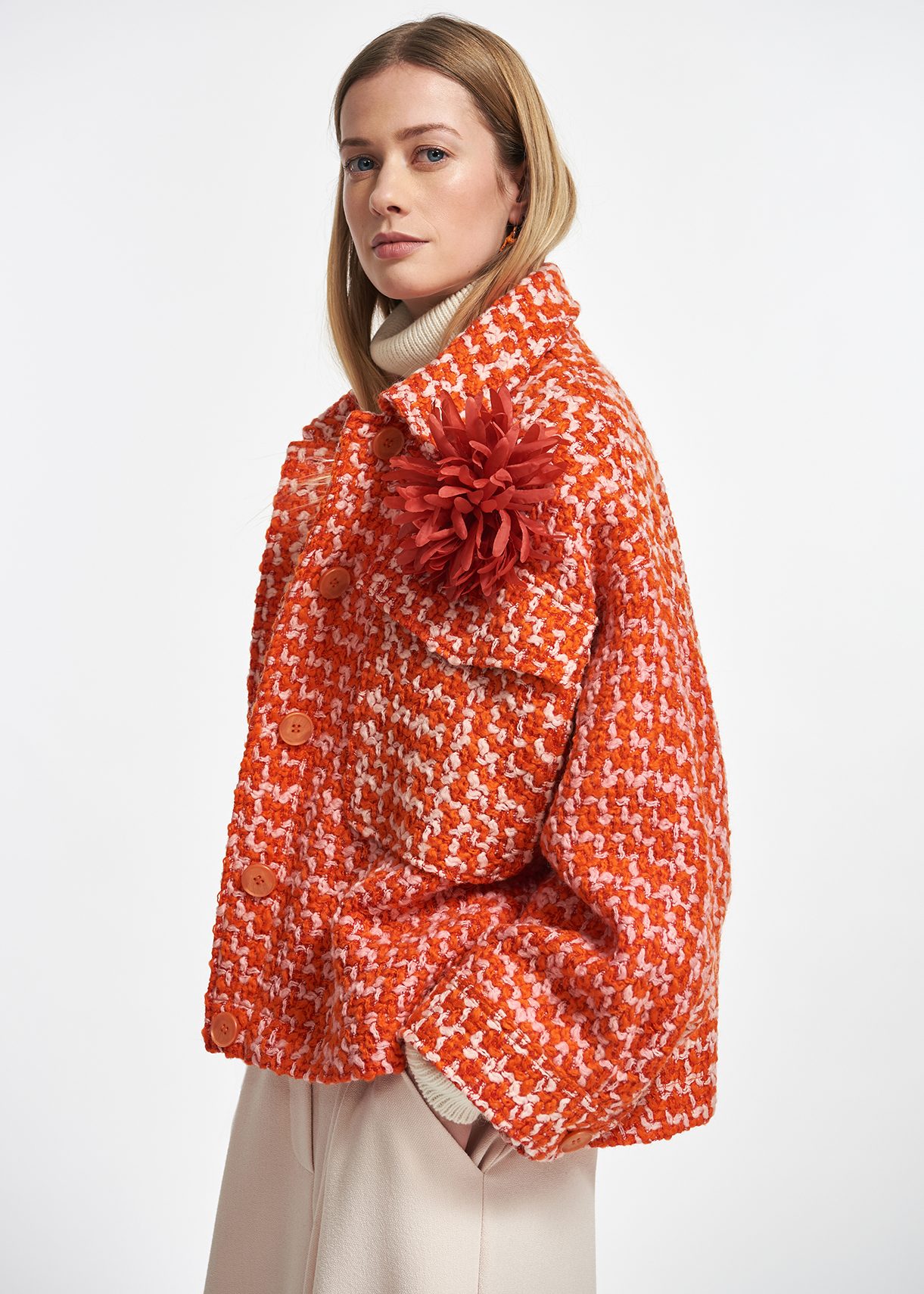 Orange and peach wool-blend tweed jacket | Essentiel Antwerp Europe