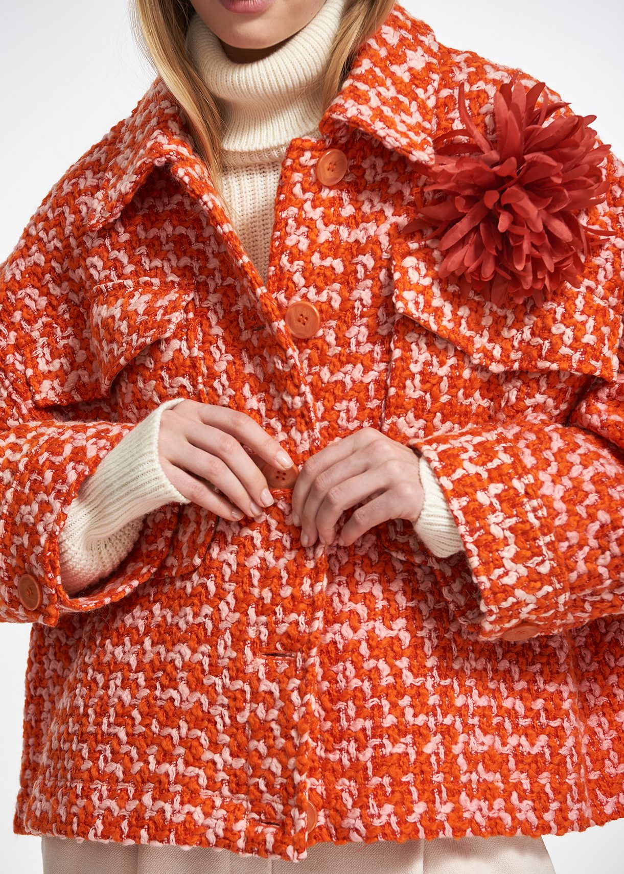 Orange and peach wool-blend tweed jacket | Essentiel Antwerp