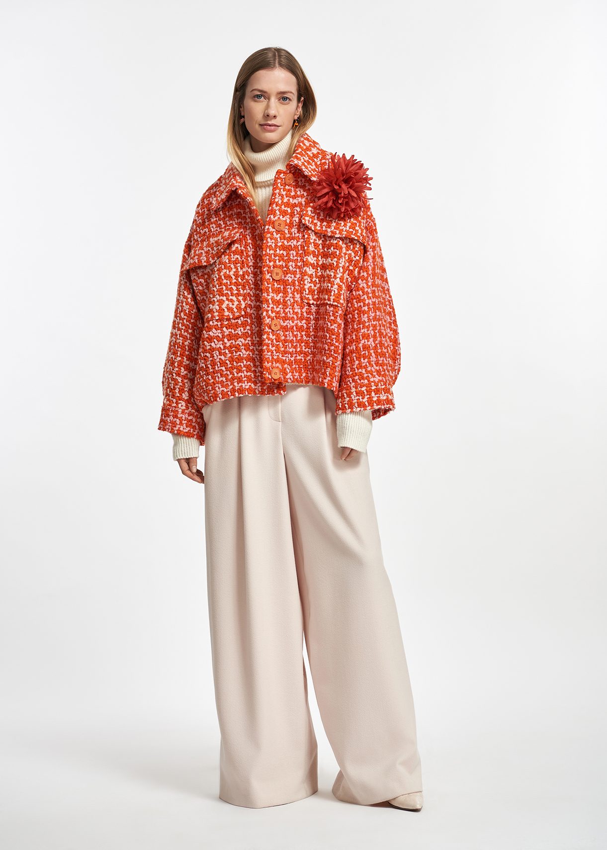 Orange and peach wool-blend tweed jacket | Essentiel Antwerp Europe