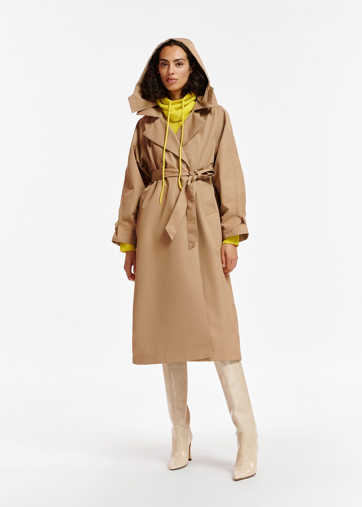 Camel double breasted hooded raincoat Essentiel Antwerp France