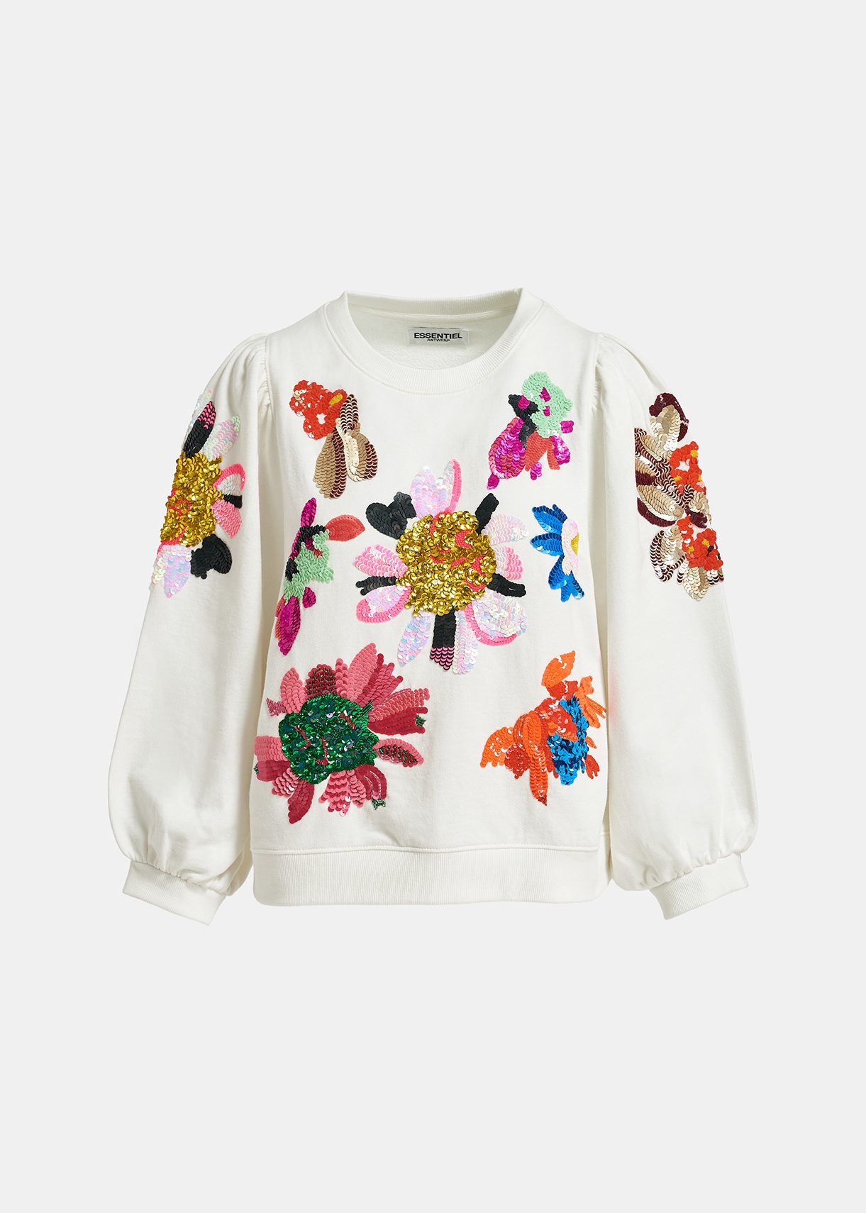 Cremefarbenes Sweatshirt aus Bio-Baumwolle mit mehrfarbiger Blumen-Paillettenstickereien