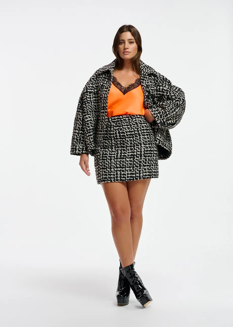 Black and off-white wool-blend tweed mini skirt