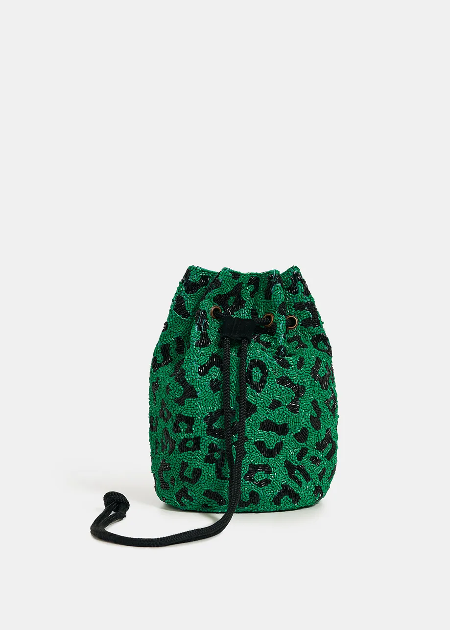 Green bead-embellished mini bag with leopard motif