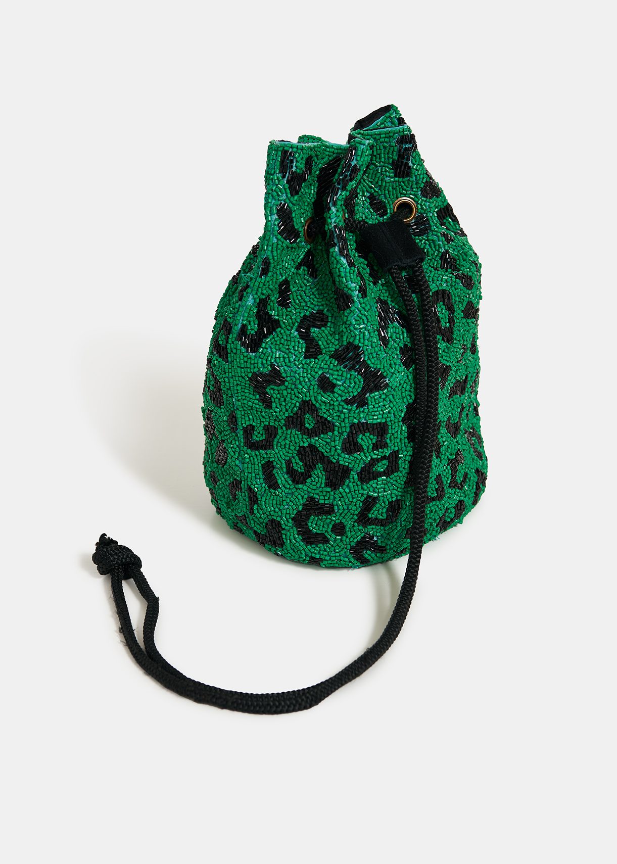 Green bead-embellished mini bag with leopard motif | Essentiel