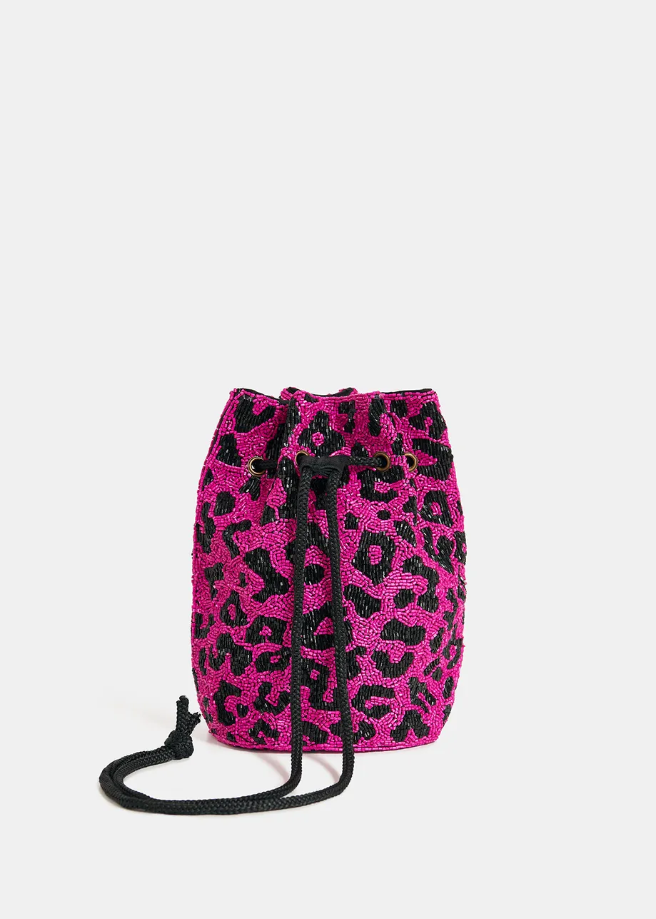 Fuchsia bead-embellished mini bag with leopard motif