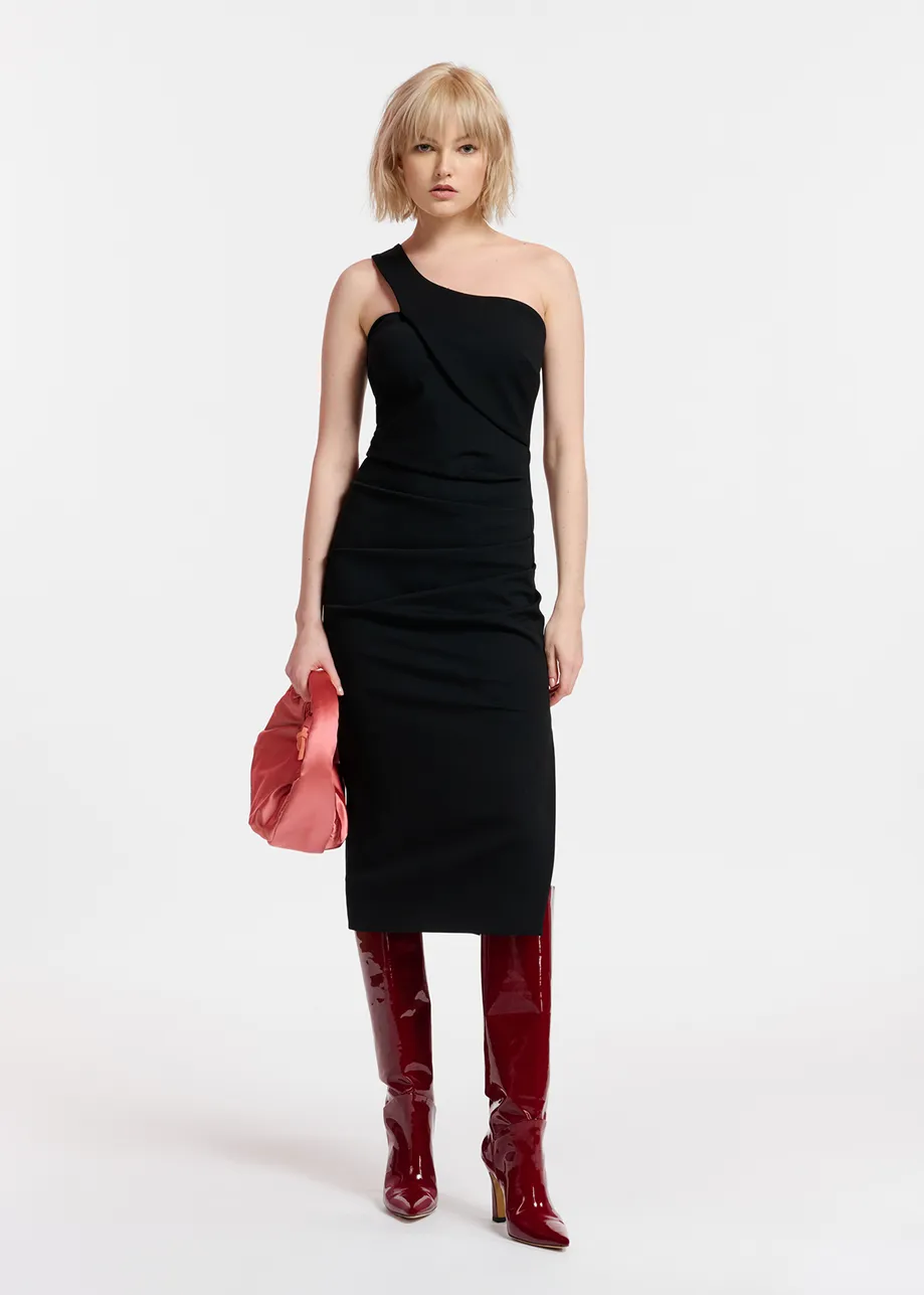 Black one-shoulder fitted midi-length dress