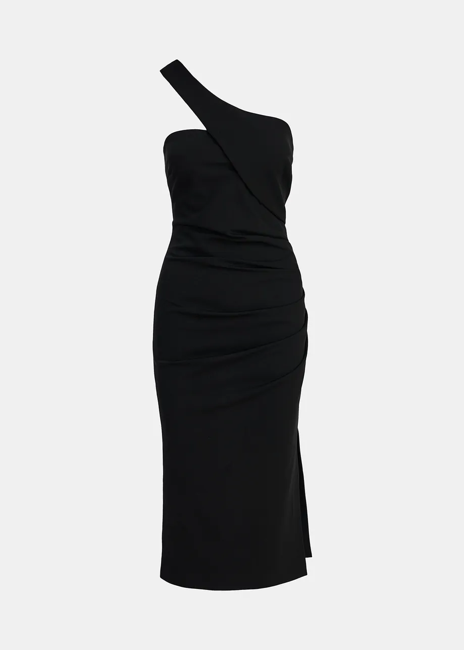 Black one-shoulder fitted midi-length dress
