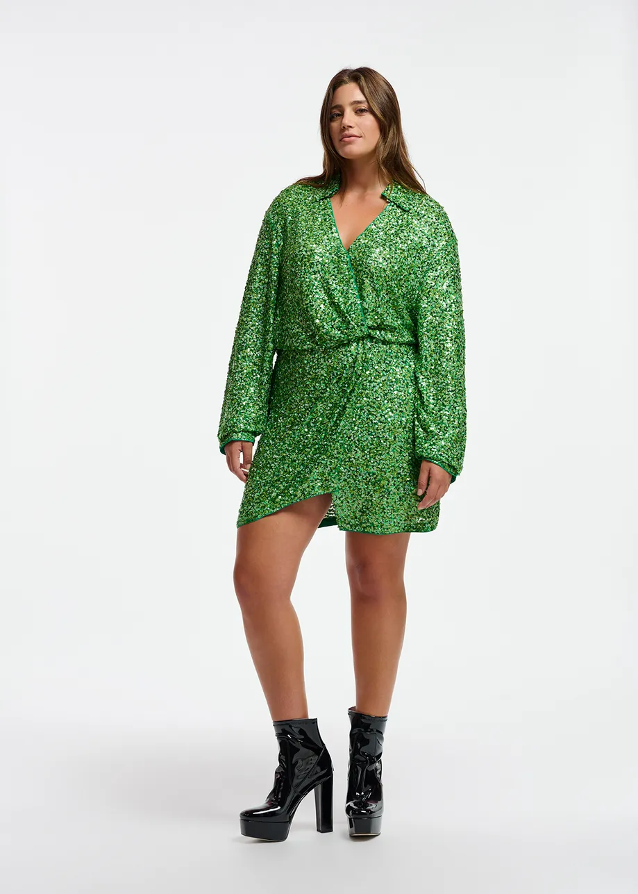 Green sequin-embellished mini wrap dress