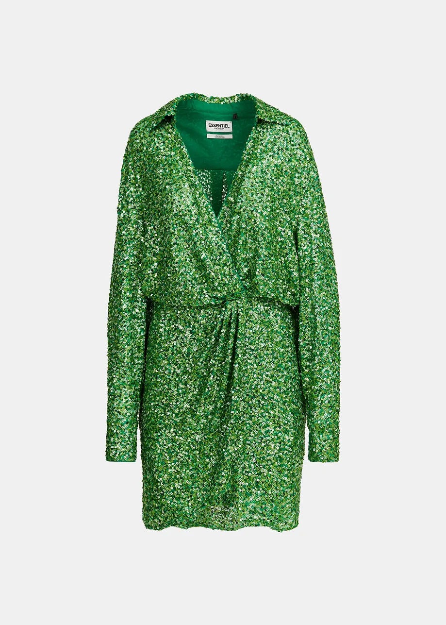 Green sequin-embellished mini wrap dress