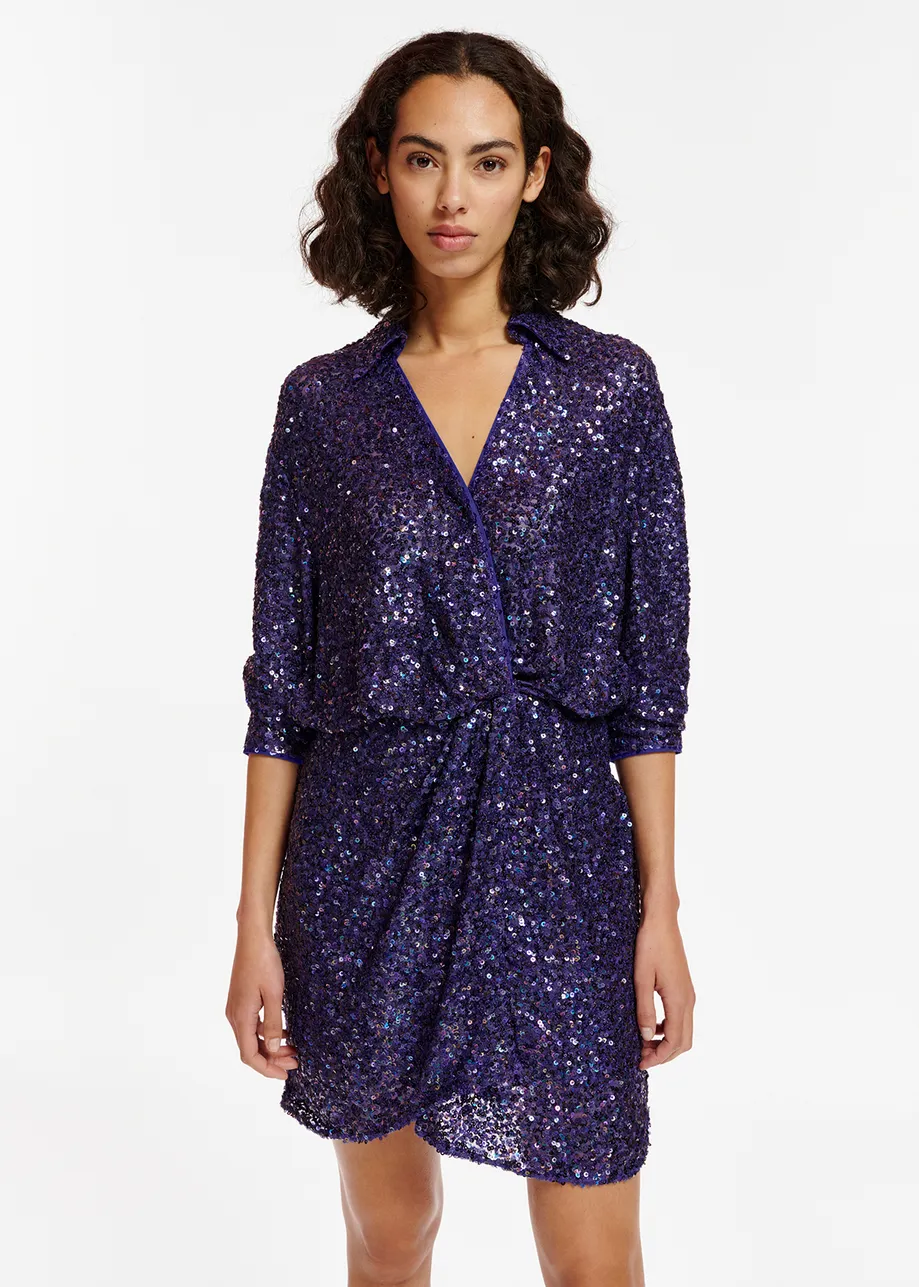 Indigo sequin-embellished mini wrap dress