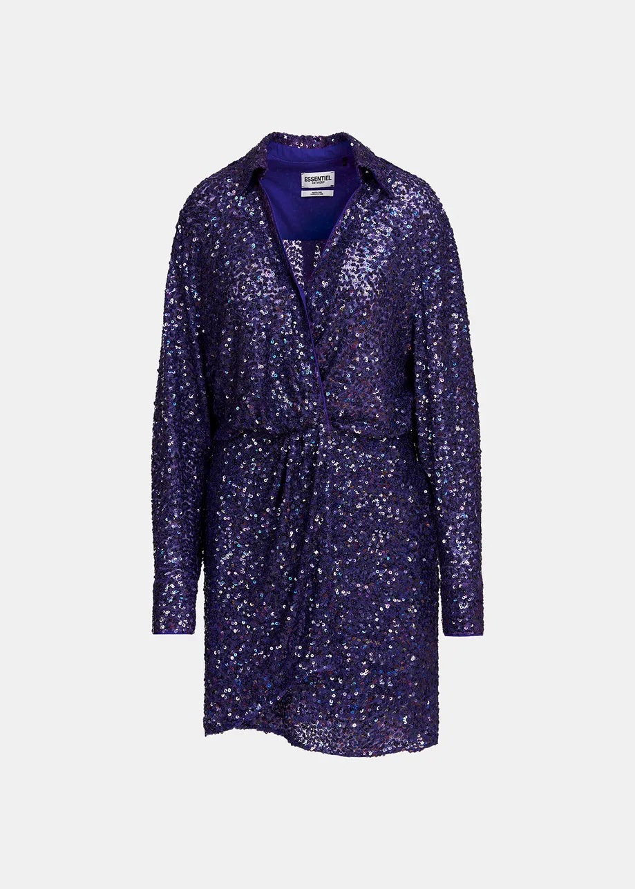 Indigo sequin-embellished mini wrap dress