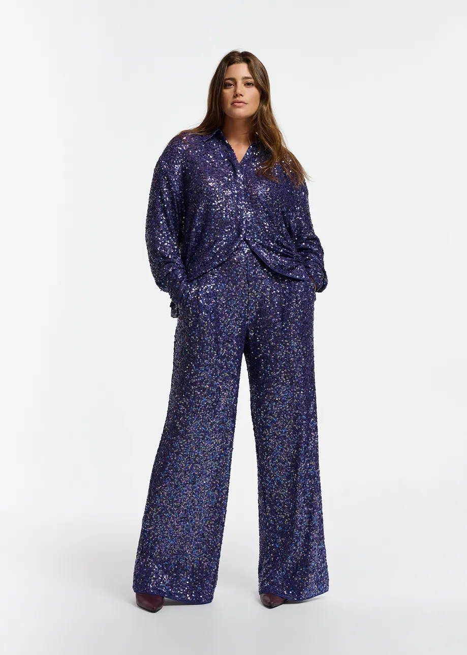 Indigo sequin-embellished wide-leg pants