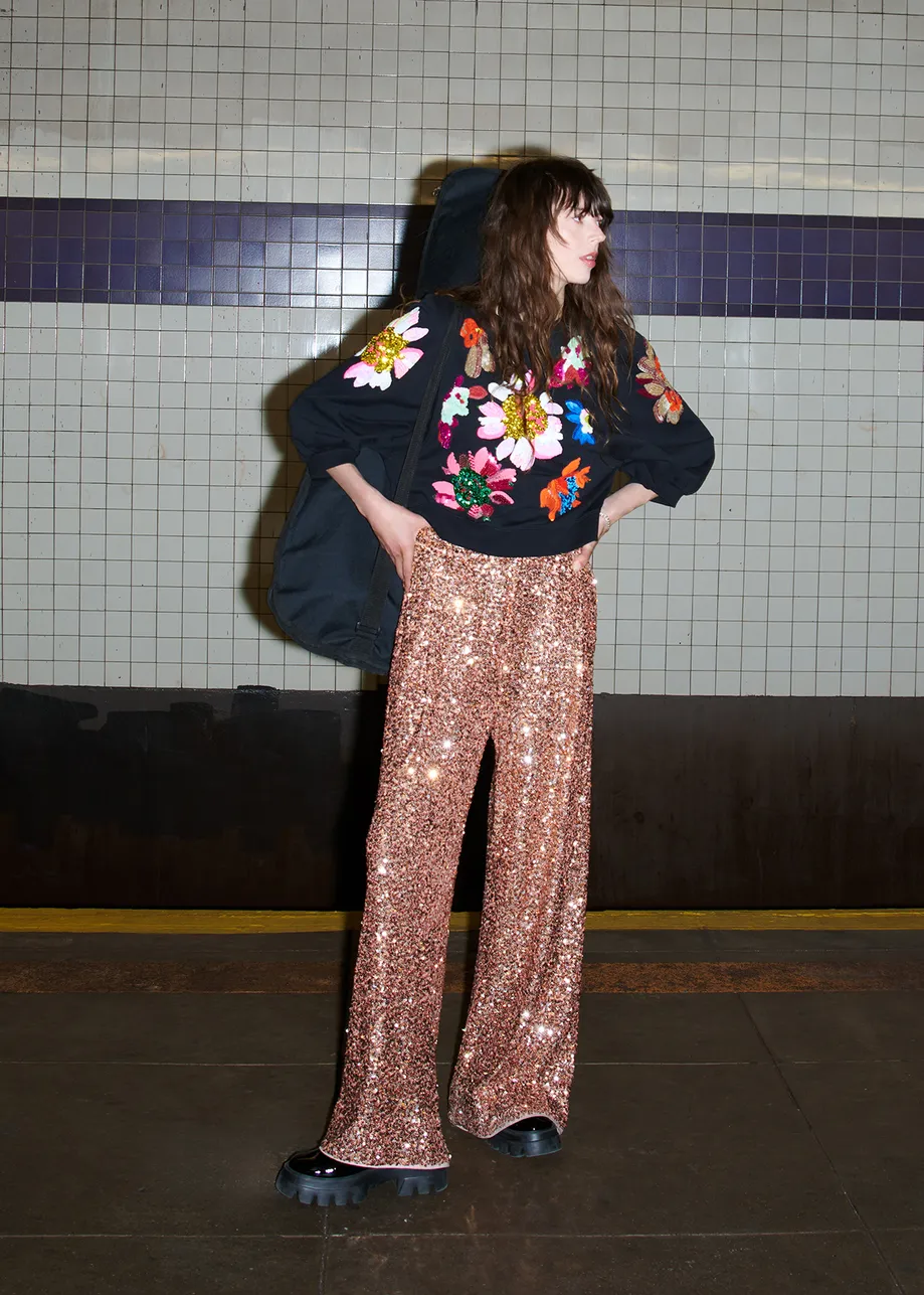 Orange sequin-embellished wide-leg pants