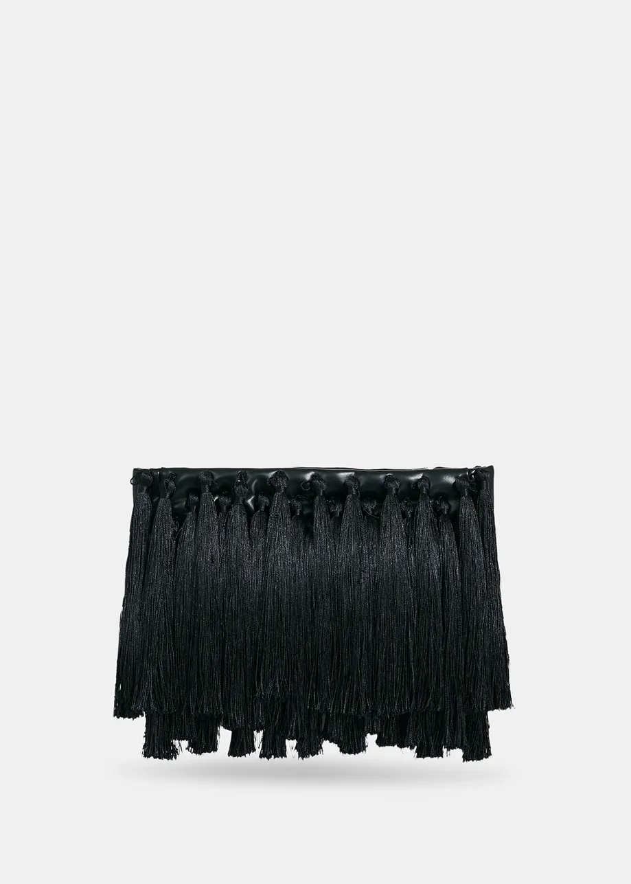 Black faux leather pouch with tassels