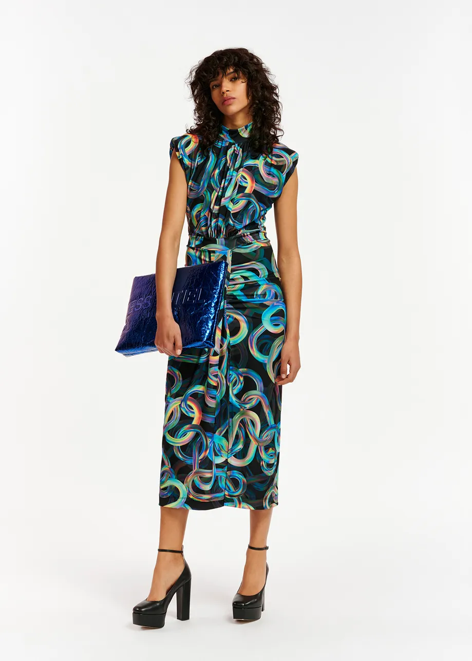Black stretch-jersey midi-length dress with multicolor chain print