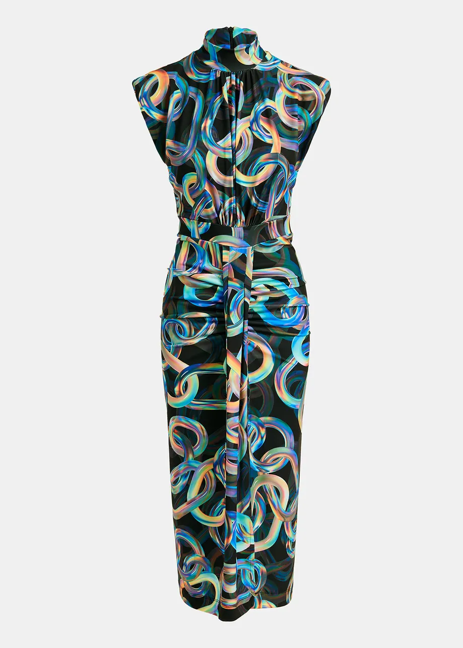 Black stretch-jersey midi-length dress with multicolor chain print
