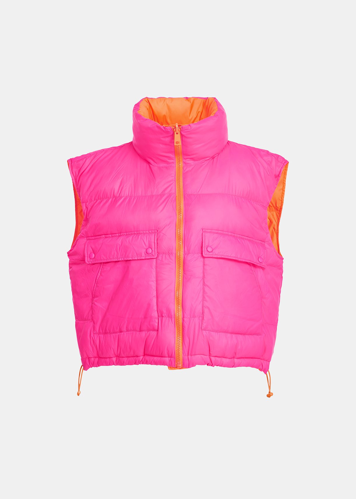 Orange and neon pink reversible puffer vest Essentiel Antwerp France english