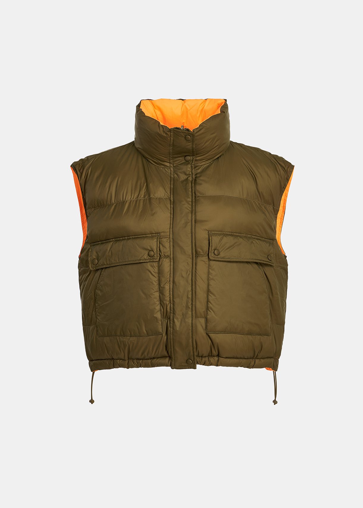 Khaki and orange reversible puffer vest