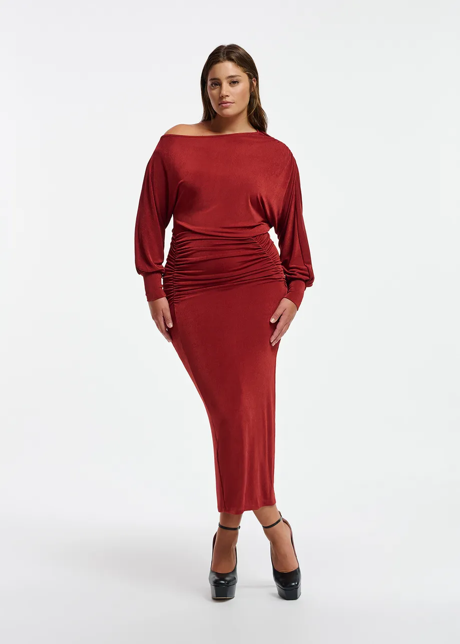 Burgundy ruched stretch-jersey midi-length dress