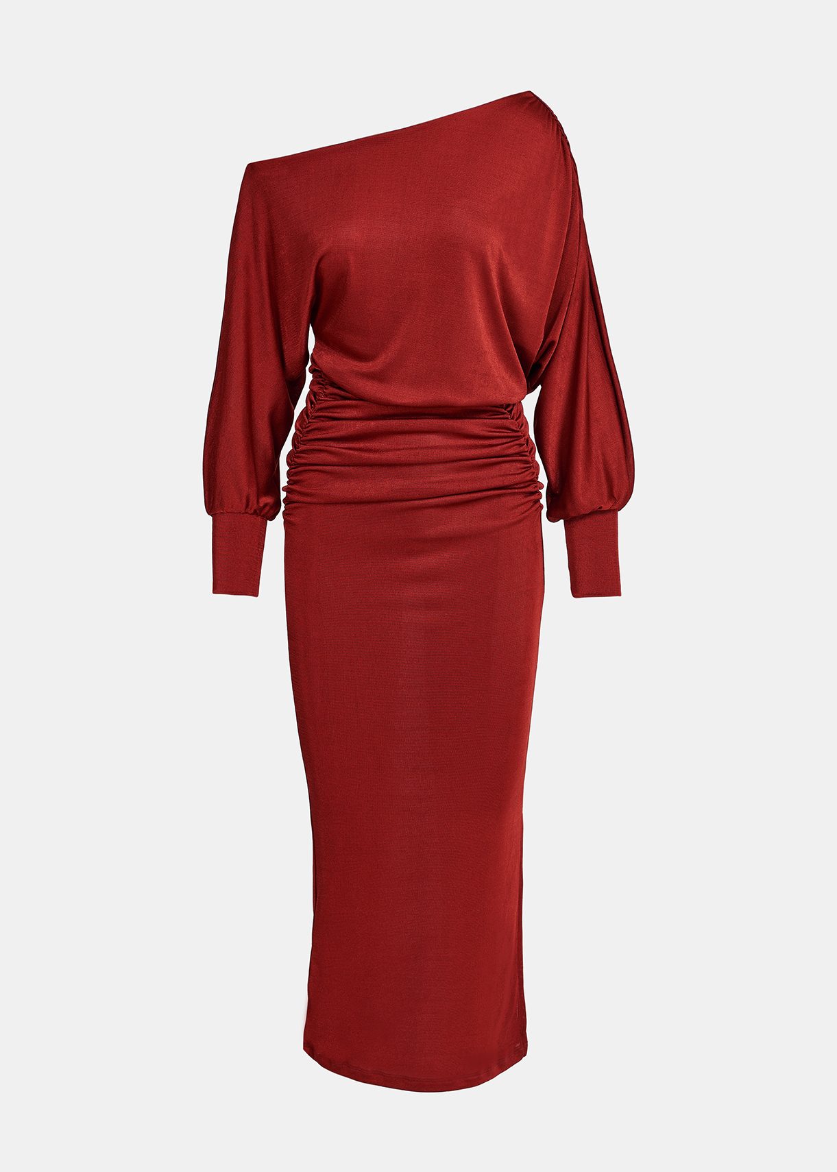 Burgundy ruched stretch-jersey midi-length dress