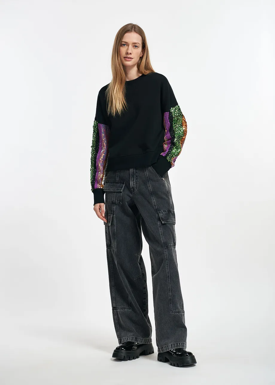 Black organic cotton sweatshirt with multicolor sequin embroideries ...